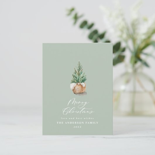 水モダンミニマル色のセージ緑のクリスマス シーズンポストカード (スタンド正面)