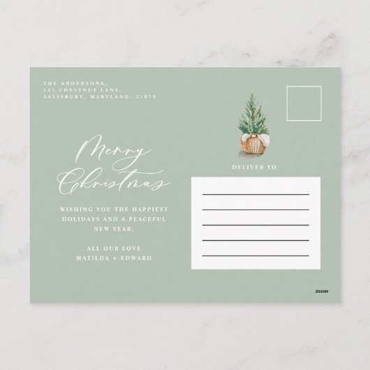 水モダンミニマル色のセージ緑のクリスマス シーズンポストカード (裏面)