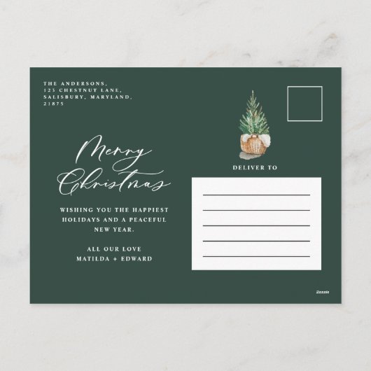 水モダンミニマル色の緑のクリスマスツリー シーズンポストカード (裏面)