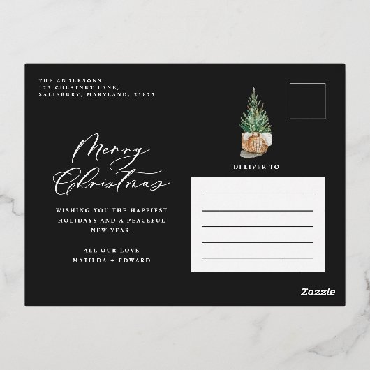 水モダンミニマル色の黒いクリスマスツリー 箔シーズンポストカード (裏面)