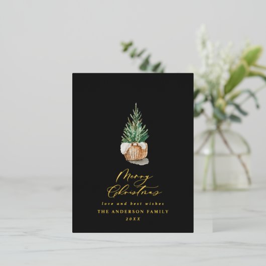 水モダンミニマル色の黒いクリスマスツリー 箔シーズンポストカード (立ち正面)