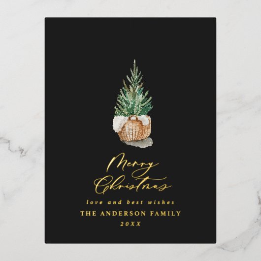 水モダンミニマル色の黒いクリスマスツリー 箔シーズンポストカード (正面)