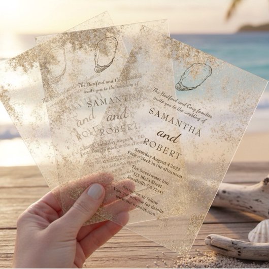 水モダンミニマル色オイスタービーチ結婚式 アクリル招待状