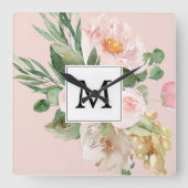 水モダン彩ピンクの花モノグラムの  スクエア壁時計 (正面)