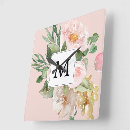 水モダン彩ピンクの花モノグラムの  スクエア壁時計 (傾斜)