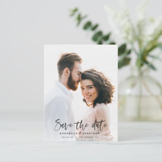 水モダン彩文字タイポグラフィ結婚のインビタ インビテーションポストカード (スタンド正面)