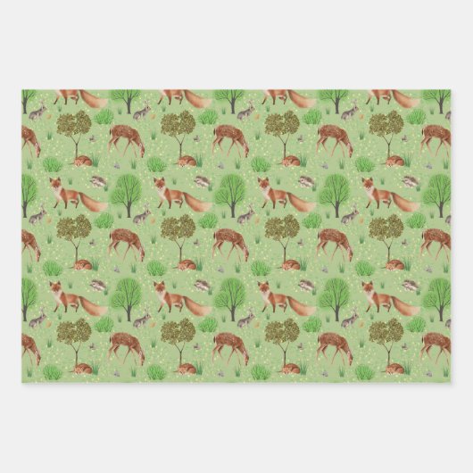 水モダン色かわいいウッドランド動物牧草地 ラッピングペーパーシート (正面2)
