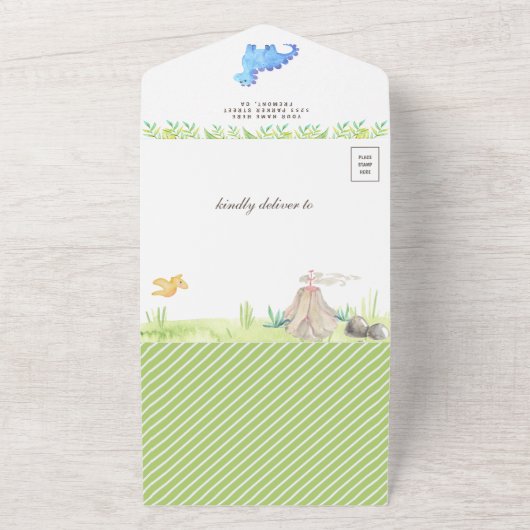 水モダン色かわいい小さな恐竜の赤ちゃんシャワー オールインワン招待状 (外側)