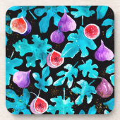 水モダン色のイチジクが実を付けた黒 コースター (正面)