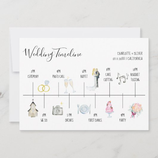 水モダン色のイラストレーションのタイムラ結婚イン 招待状 (正面)