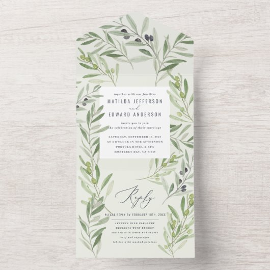 水モダン色のオリーブの枝の葉のセージ緑 オールインワン招待状 (内側)