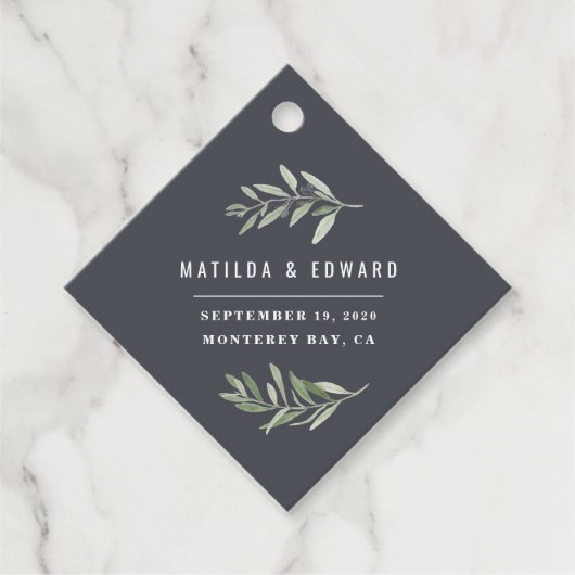 水モダン色のオリーブの枝結婚葉 フェイバータグ (正面)