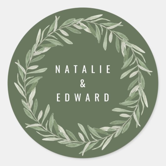 水モダン色のオリーブの枝結婚葉 ラウンドシール (正面)