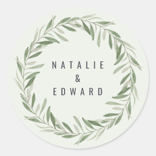 水モダン色のオリーブの枝結婚葉 ラウンドシール (正面)
