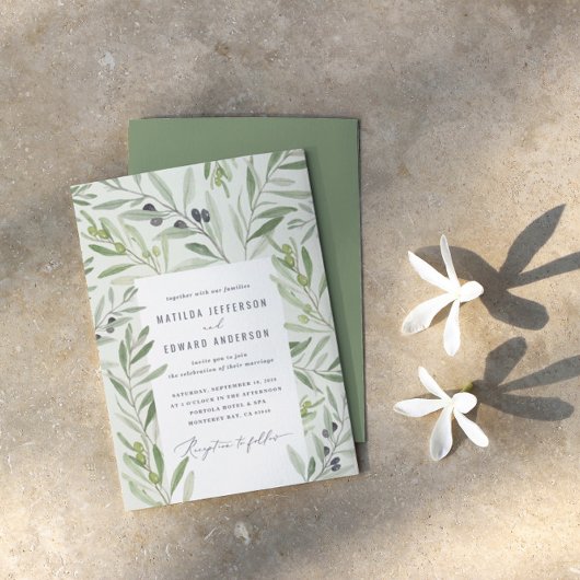 水モダン色のオリーブの枝結婚葉 案内状