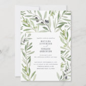 水モダン色のオリーブの結婚枝の葉 案内状 (正面)