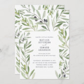 水モダン色のオリーブの結婚枝の葉 案内状 (正面/裏面)