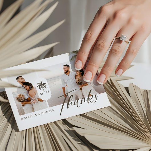 水モダン色のヤシの木モノグラム結婚の写真 サンキューカード