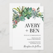 水モダン色の多肉植物結婚の 招待状 (正面/裏面)