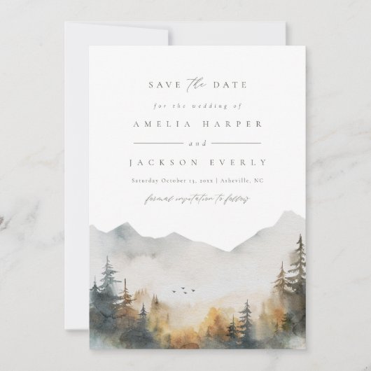 水モダン色の山の結婚式の日付を保存 招待状 (正面)