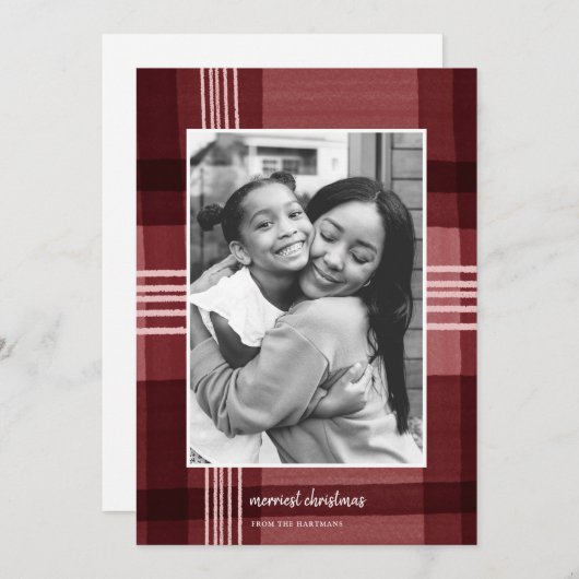 水モダン色の格子模様の赤いクリスマスフォト シーズンカード (正面/裏面)
