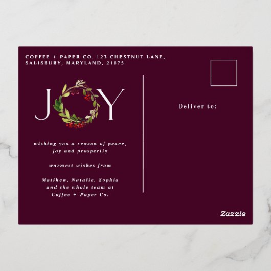 水モダン色の植物の喜びバー企業のガン 箔シーズンポストカード (裏面)