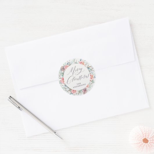 水モダン色の植物学メリークリスマス ラウンドシール (封筒)