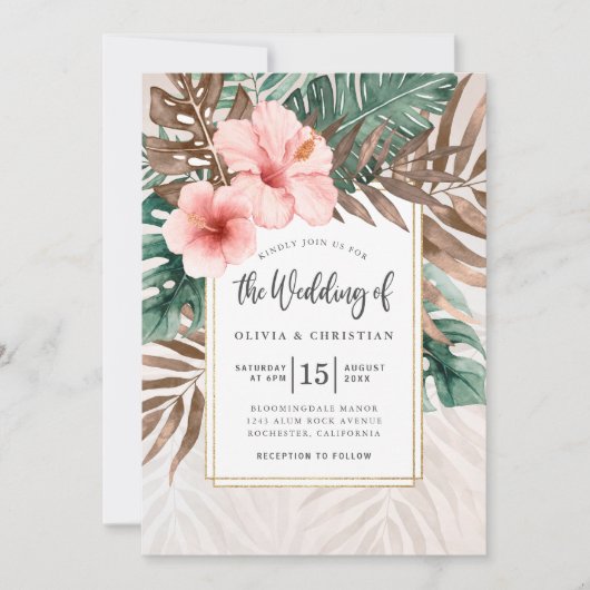水モダン色の熱帯緑のフローラ結婚 招待状 (正面)
