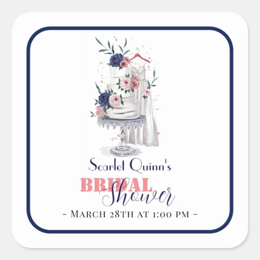 水モダン色の白結婚いガウンとケーキ2 スクエアシール (正面)