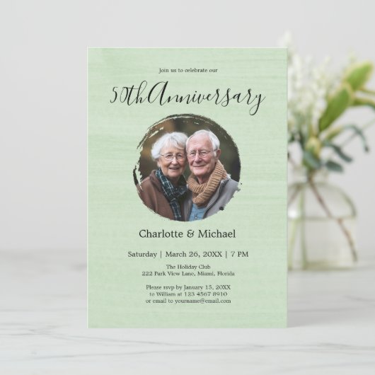 水モダン色の結婚アニバーサリーオリーブ写真 招待状 (スタンド正面)