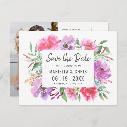 水モダン色の結婚式の日付を写真で保存 案内ポストカード (正面/裏面)