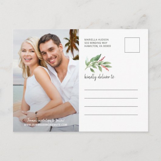 水モダン色の結婚式の日付を写真で保存 案内ポストカード (裏面)