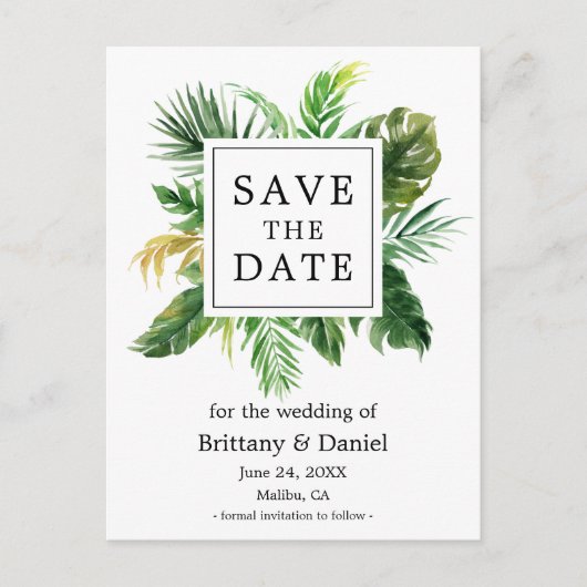 水モダン色の緑のフローラ保存日付 案内ポストカード (正面)