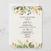 水モダン色の緑の葉と金ゴールドドロップ 招待状 (正面)