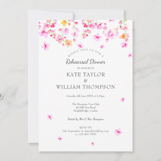 水モダン色の花のフローラリハーサルディナー 招待状 (正面)