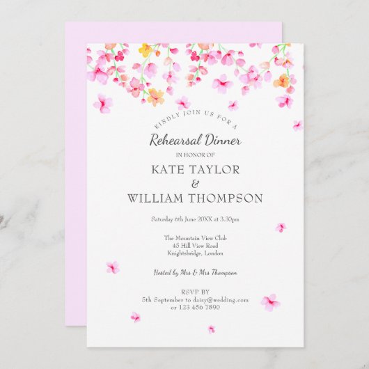 水モダン色の花のフローラリハーサルディナー 招待状 (正面/裏面)