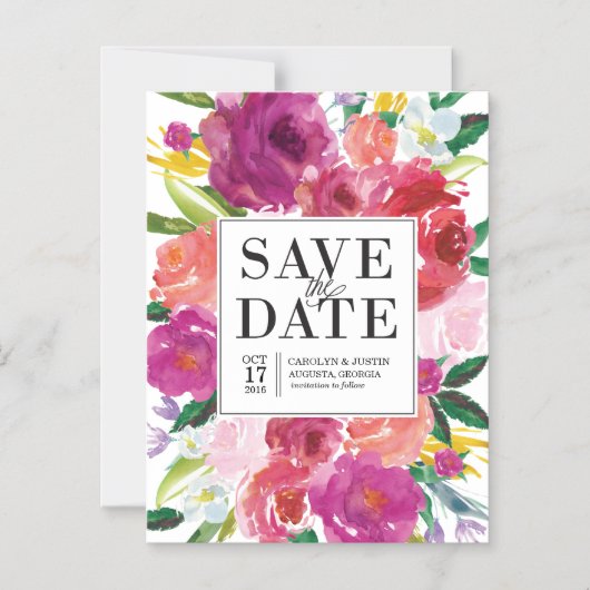 水モダン色の花の日付磁石を保存 マグネット招待状 (正面)