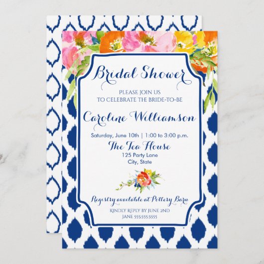 水モダン色の花ブライダルシャワー招待 招待状 (正面/裏面)