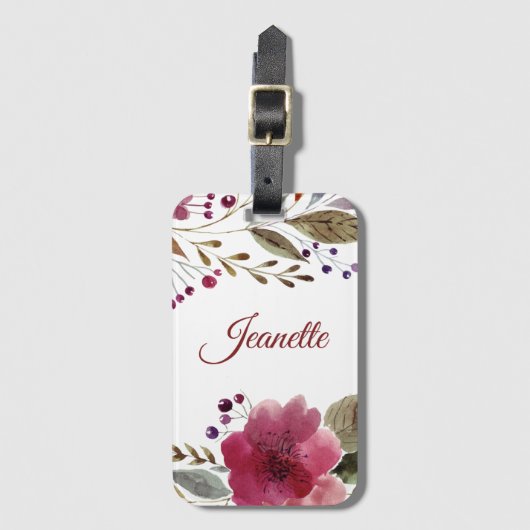 水モダン色の花ブルゴーニュと緑 ラゲッジタグ (正面縦)