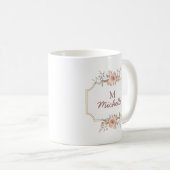 水モダン色の花モノグラムスクリプト名 コーヒーマグカップ (正面右)