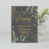 水モダン色の葉のジオメトはっきりしたリックアクセント 箔招待状 (立ち正面)