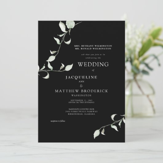 水モダン色の葉の黒結婚式招待状 招待状 (スタンド正面)