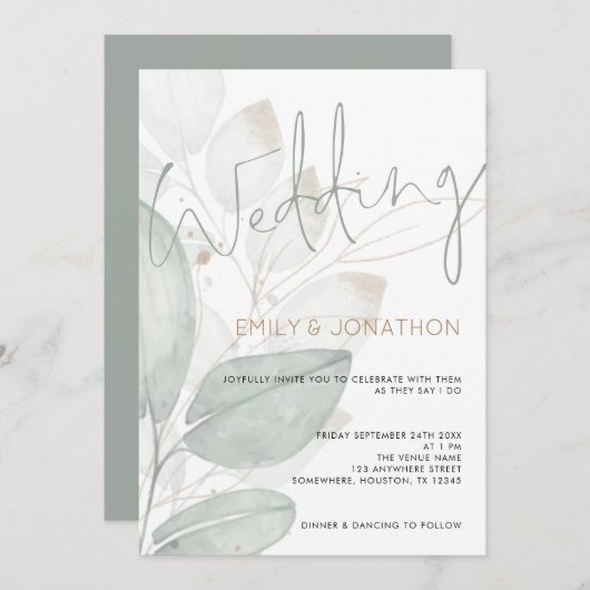 水モダン色の葉結婚式招待状 招待状 (正面/裏面)