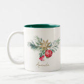 水モダン色の赤い葉の名前メリークリスマス ツートーンマグカップ (左)