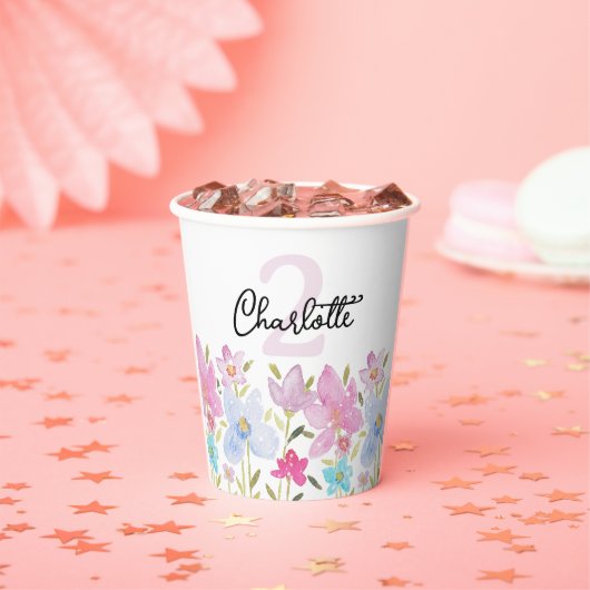 水モダン色の野花モノグラムの 紙コップ (インサイチュ)