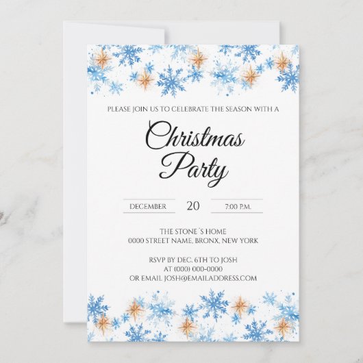 水モダン色の雪の結晶クリスマスパーティー 招待状 (正面)