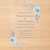 水モダン色ほこりっぽい青いフローラ結婚の色 アクリル招待状 (正面)