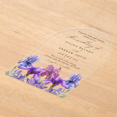 水モダン色アイリスフローラスクリプ結婚ト アクリル招待状 (レイダウン)