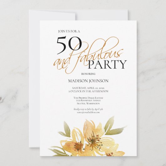 水モダン色イエロー50と素晴らしい誕生日 招待状 (正面)