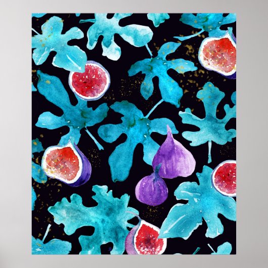 水モダン色イチジクの果実オンブラック装飾用クッション ポスター (正面)